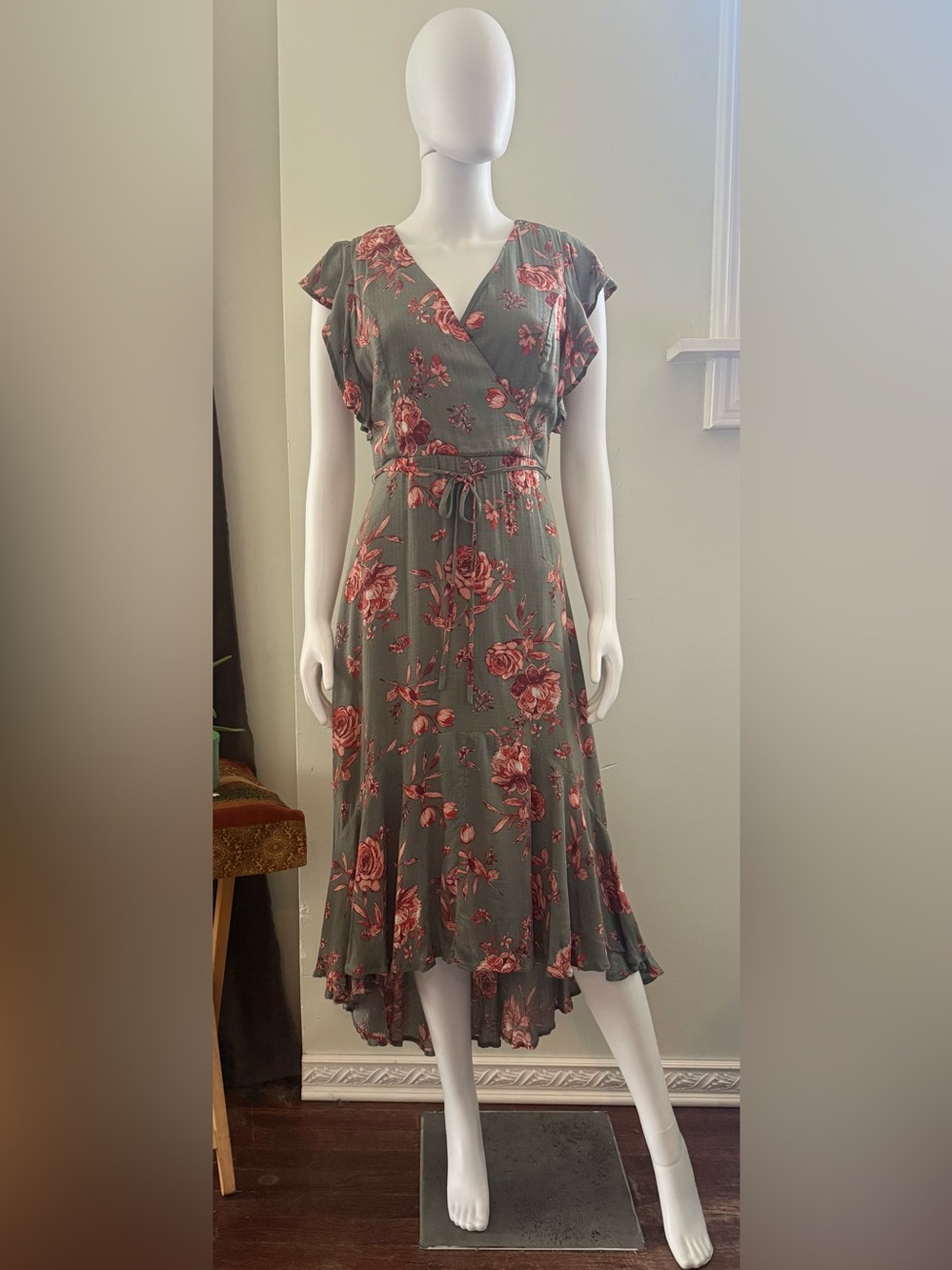 Altar'd State Olive Midi Dress with Rose Print